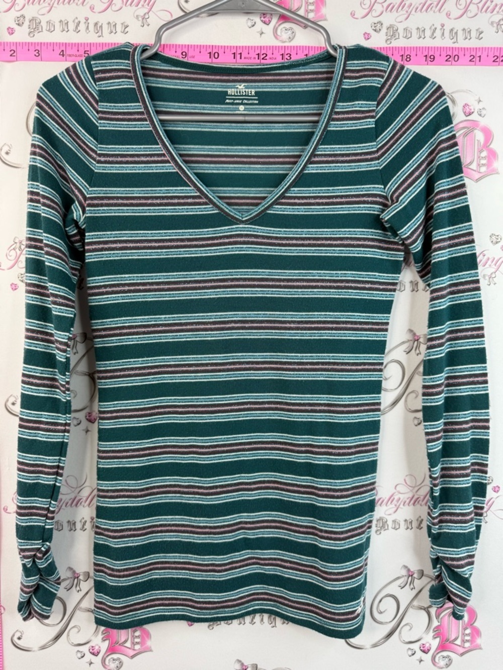 Hollister long sleeve shirt sparkly Teal Green Striped Long-Sleeve V-Neck Top